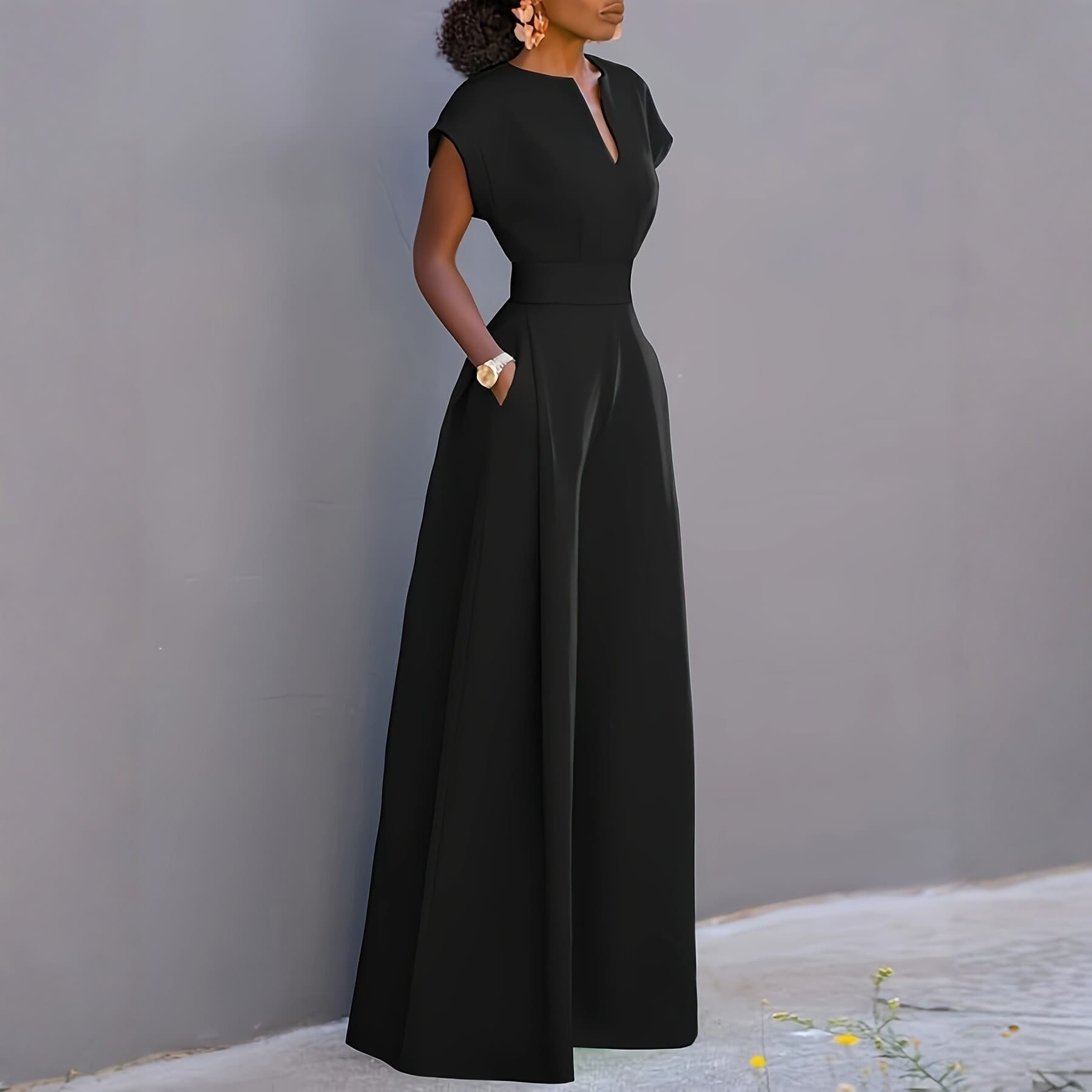 2025 European and American cross-border fashion high-waisted V-neck solid color wide-leg jumpsuits for women's temperament commuting long slim pants