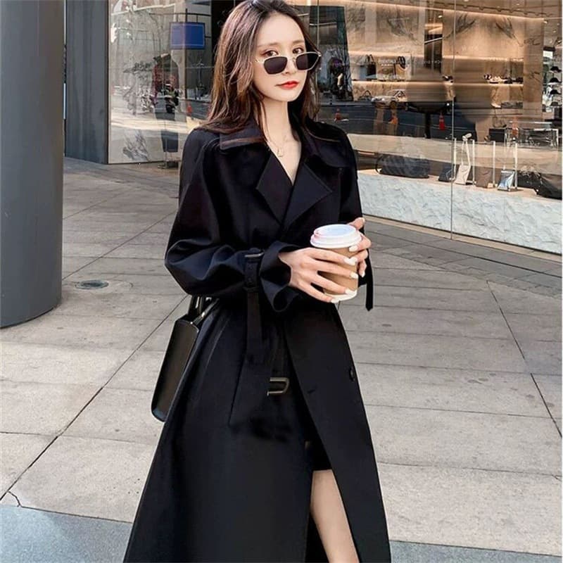 Windbreaker Women's Mid-Length 2026 Spring and Autumn Black Korean Style Large Size Small Popular British Style Coat Over the Knee Jacket