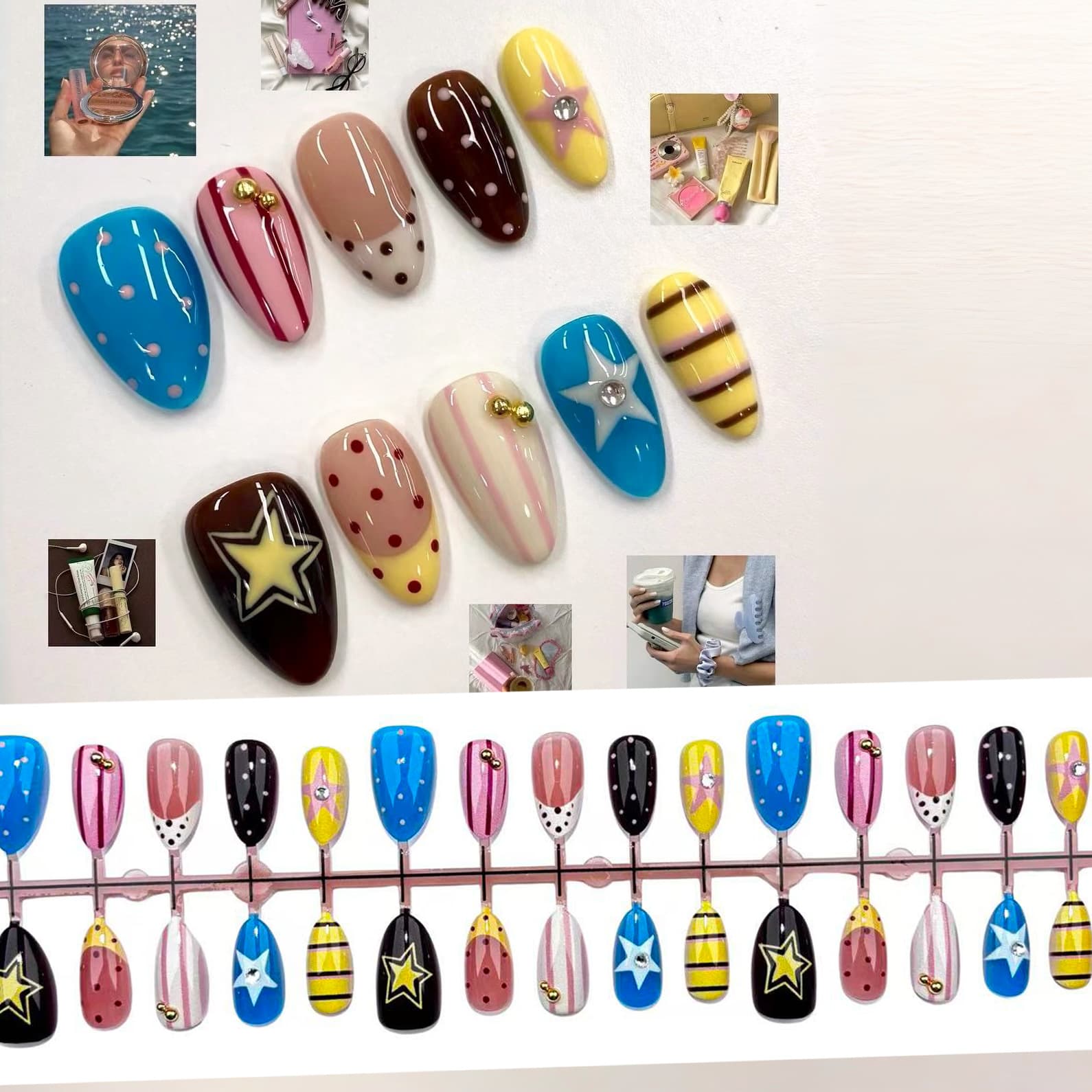 Vintage Spicy Girl Style Polka Dot Ultra-Short Almond Press-On Nails, Cross-Border Hot-Selling High-End French Manicure Stickers with Colorful Stars