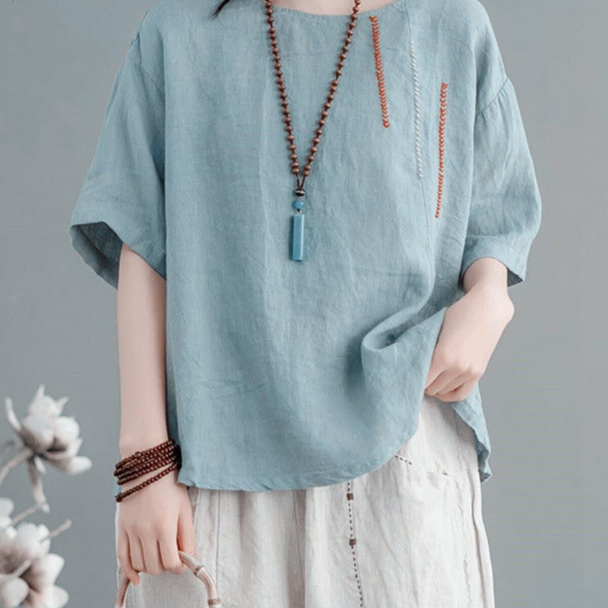 Linen and Cotton Short Sleeve T-Shirt for Women Plus Size Concealing Belly Fashionable Mother's Summer High-Quality Linen and Ramie Top