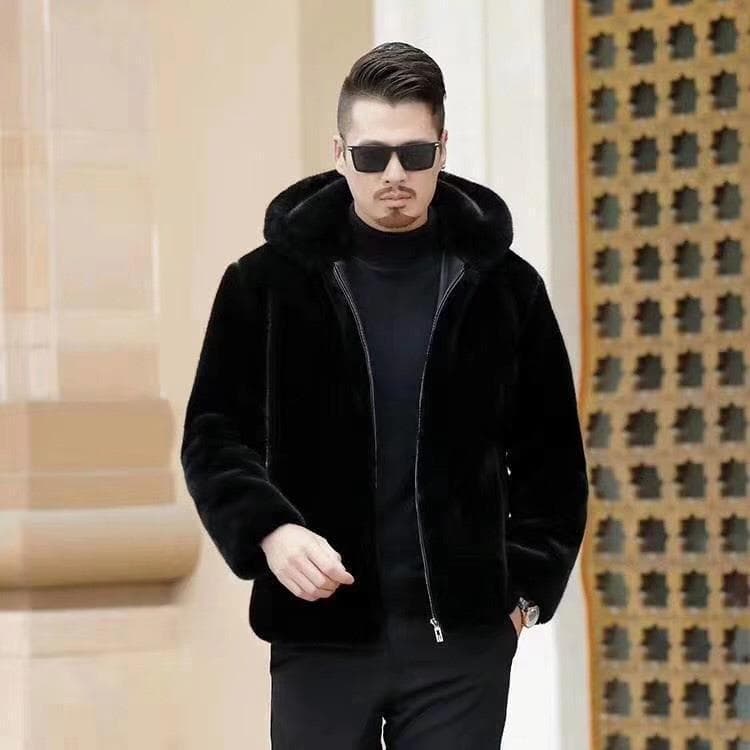 Haining Fur Coat Men's Winter Jacket Hooded Male Mink Fur Coat Male Clothing Faux Mink Velvet High-End Casual Style