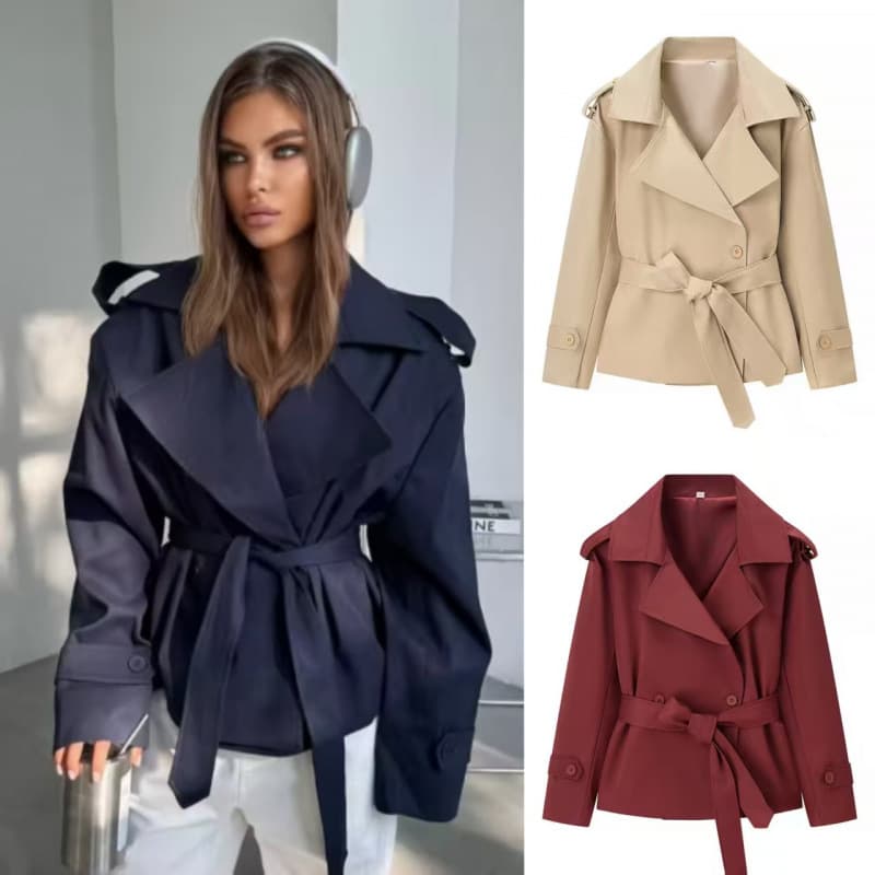 2026 New ZA Bestseller on AliExpress Cross-border European and American Style Women's Solid Color Belted Short Jacket Trench Coat