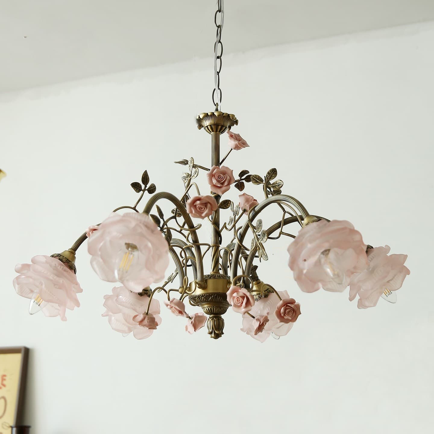 French-style solid brass chandelier, American vintage living room bedroom rose flower romantic rustic retro dining room pendant light
