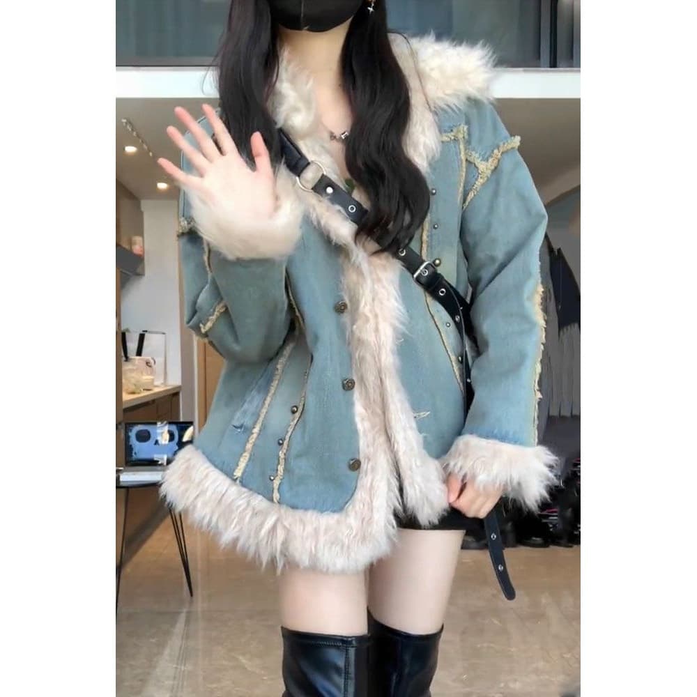 Faux Fur Collar Vintage Lamb Wool Hong Kong Style Denim Jacket Women Winter New Padded Thickened Cotton Coat Loose Top