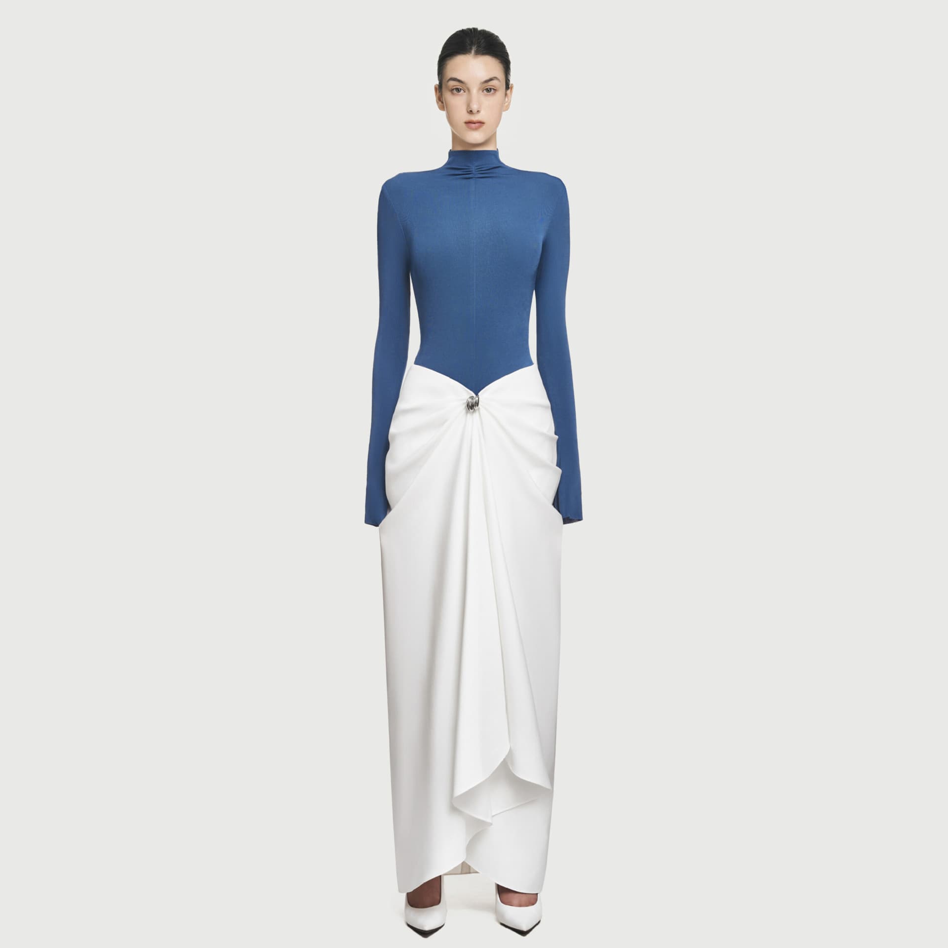 In Stock Premium Metal Contrast Half Turtleneck Dress New Stylish Fitted Asymmetric Long Dress 40370