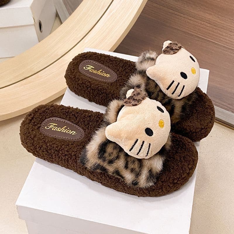 Cute Kitty Cat Leopard Print Fuzzy Slippers for Women, Warm Cotton Slippers for Autumn and Winter, Indoor and Outdoor Wear, Non-Slip One-Strap Slides