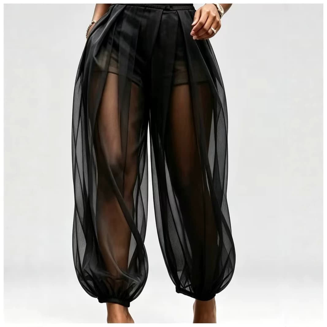 2026 Summer New European and American Cross-border Semi-transparent Mesh Patchwork Loose Street Style Capri Pants for Women, Bloomers Style