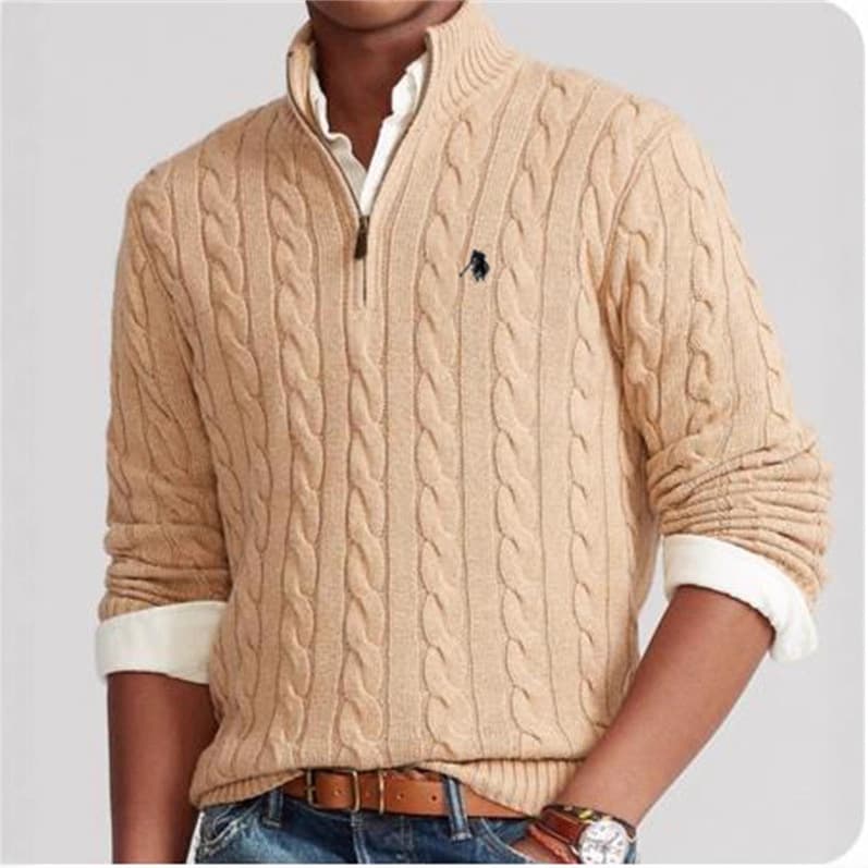 Men's autumn and winter stand-up collar cable knit sweater, casual cotton, thick and warm pullover.