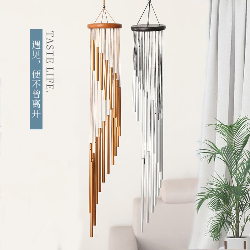 New European and American Classic Rotating Multi-Tube Metal Pine Wood Aluminum Pipe Wind Chime, Creative Home Decor Ornament, 35-inch 18 Tubes