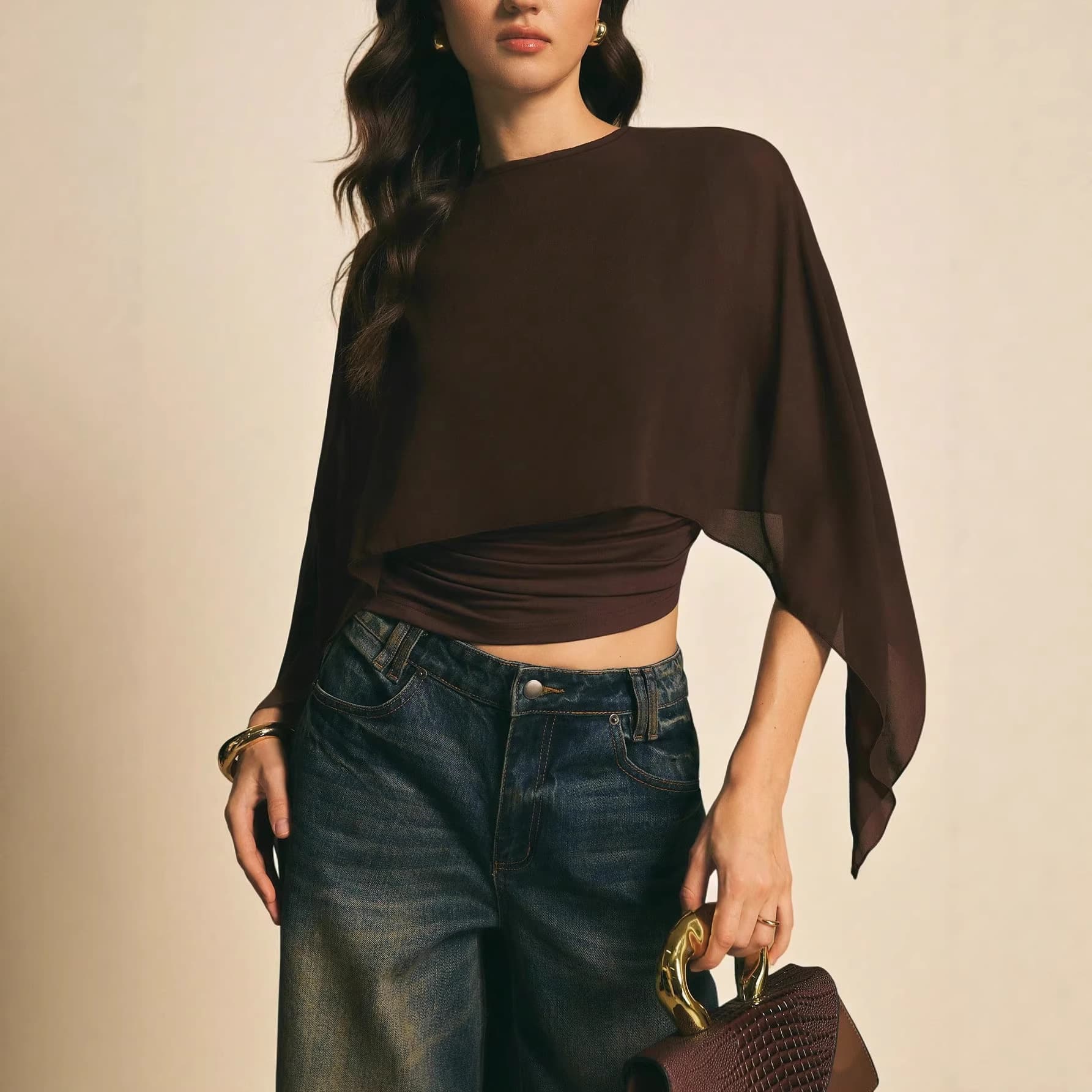 2026 Cross-Border European and American Women's Fashion Cape Sleeve T-Shirt, Slim Fit Round Neck Chiffon Cover-Up, Elegant Asymmetrical Top