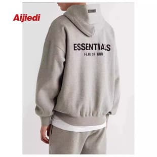 Replica ESSENTIALS Back Letter Flocked Hoodie for Men and Women, Couple Fleece Hooded Sweatshirt, Black Cotton
