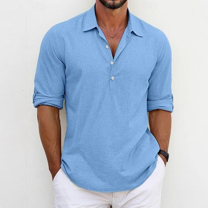 Cross-Border Amazon Men's Long-Sleeve Collared Cotton-Linen Shirt, Youthful Drop-Shoulder Men's Shirt, Breathable and Moisture-Wicking