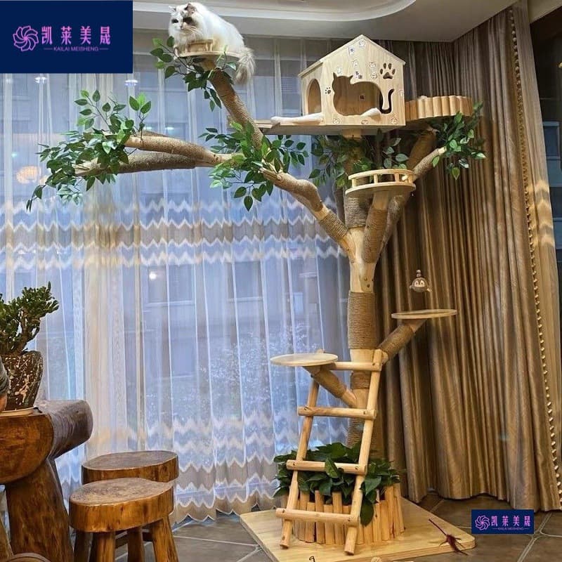 Solid Wood Cat Tree with Cat House, Cat Toy, Cat Scratching Board, Climbing, Resting, and Entertainment Stand