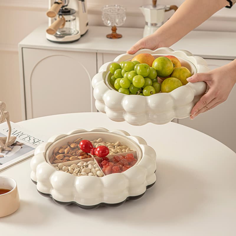 Cream Style Dried Fruit Storage Box with Dividers and Lid, European Plastic Fruit Tray, Light Luxury High-End Premium Look