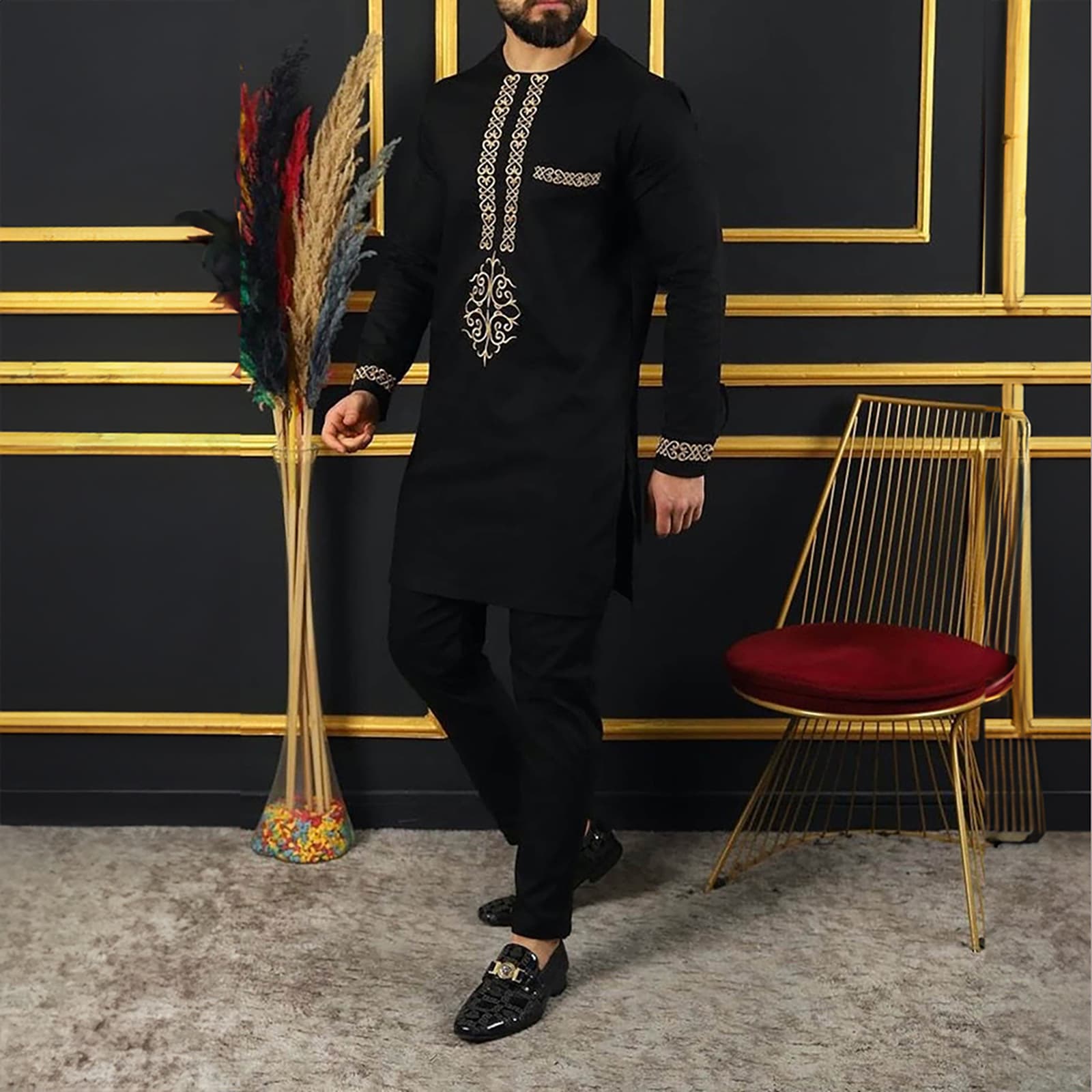 2025 Export Men's Black African Style Ethnic Embroidered Wedding Banquet Long Sleeve Suit Set in Stock