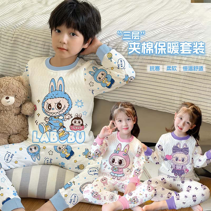 Labubu Children's Three-Layer Thermal Underwear Set, Class A, Autumn and Winter Thickened All-Cotton Boys' and Girls' Thermal Tops and Bottoms Set