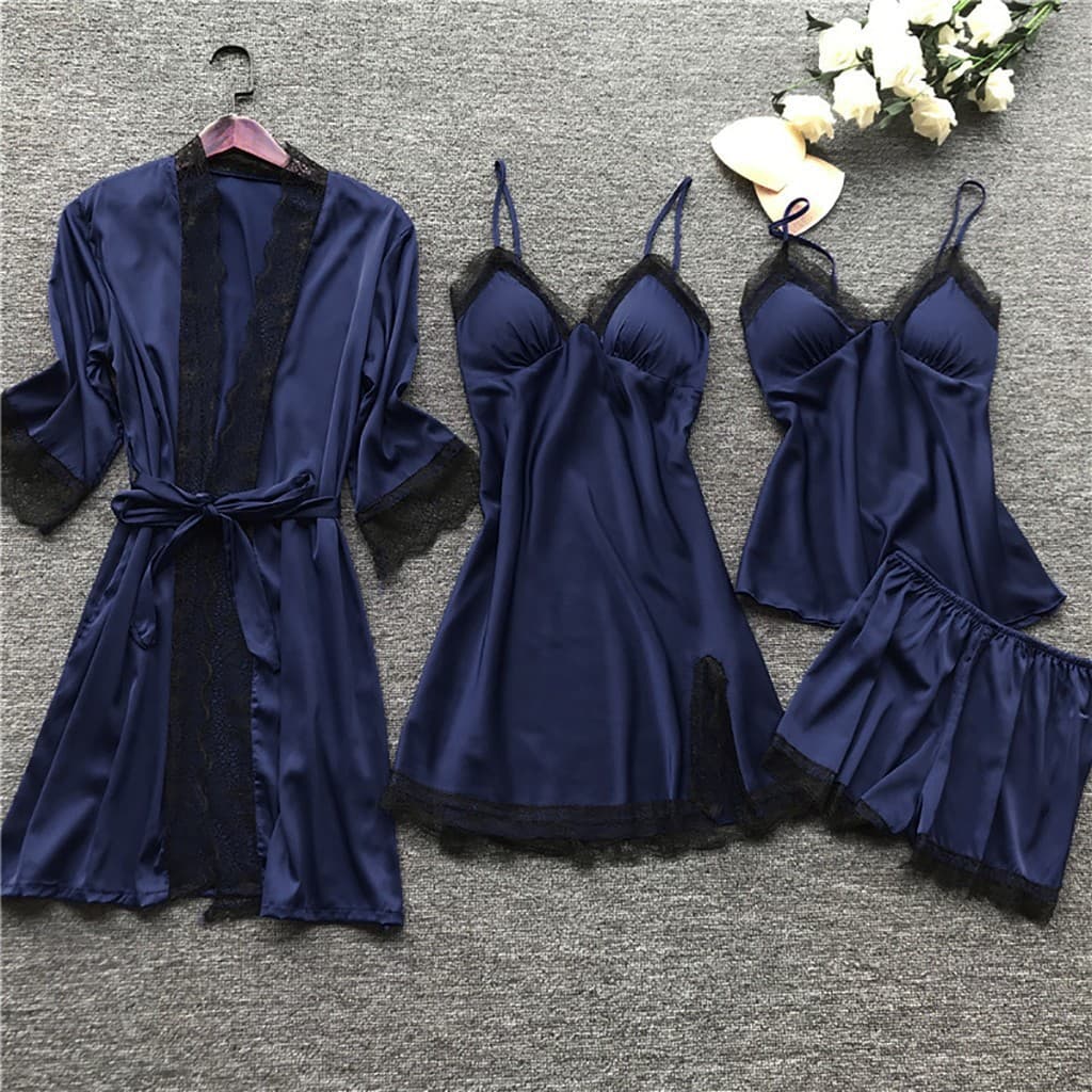 Cross-border Women's Sexy Pajama Set 4-Piece Korean Style Camisole Sleepwear Women's Homewear with Padded Bra Robe 2023