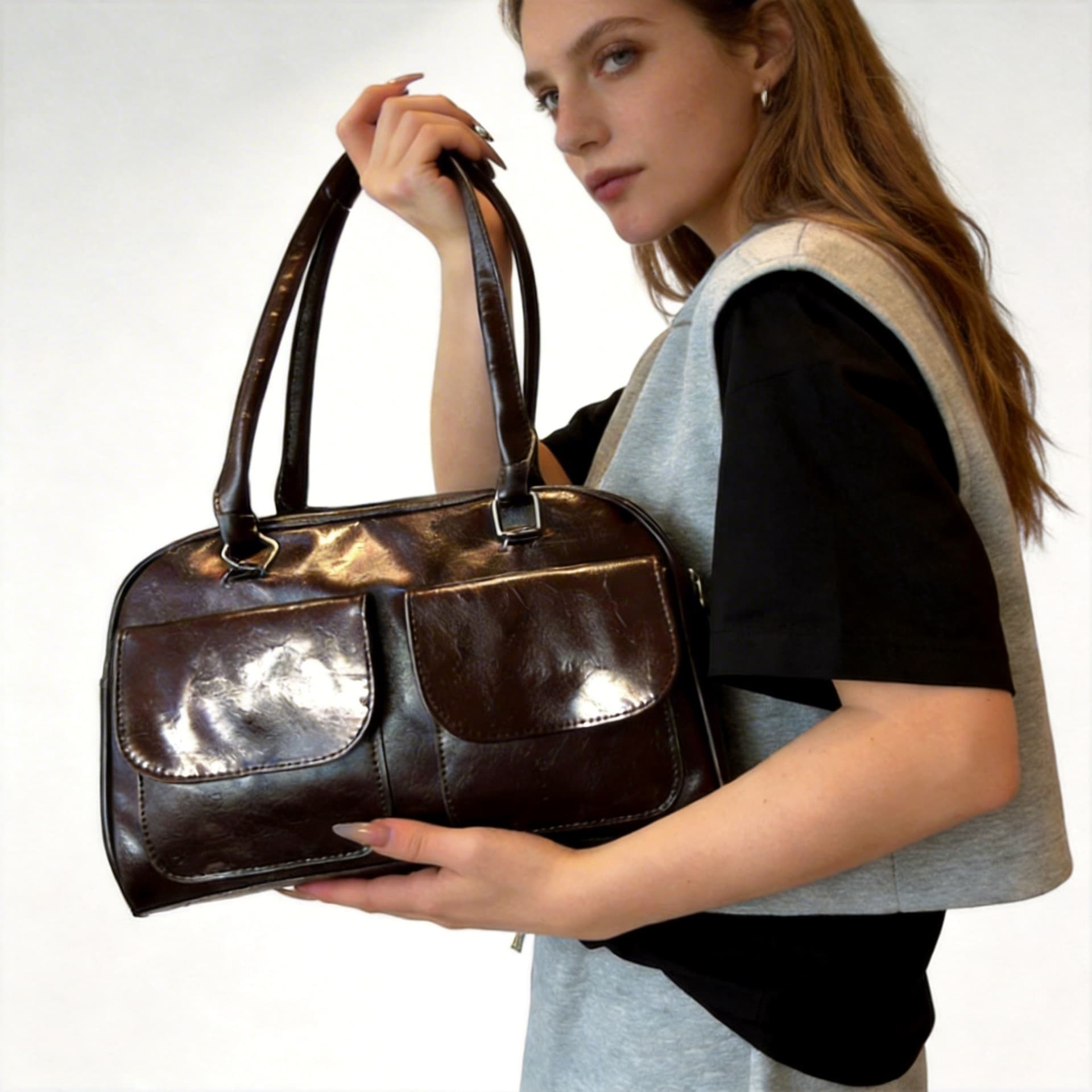 Niche Underarm Bag Textured Glossy Bowling Bag Versatile Boston Shoulder Underarm Bag Commuter Handbag Women's Bag