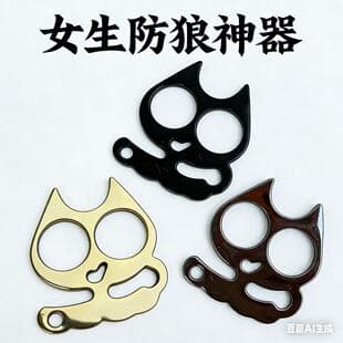 Survival Two-Finger Ring Car Rescue Hammer Cartoon Cat Eye Two-Finger Knuckle Duster Self-Defense Keychain Pendant Big Eye Cat Two-Finger Ring