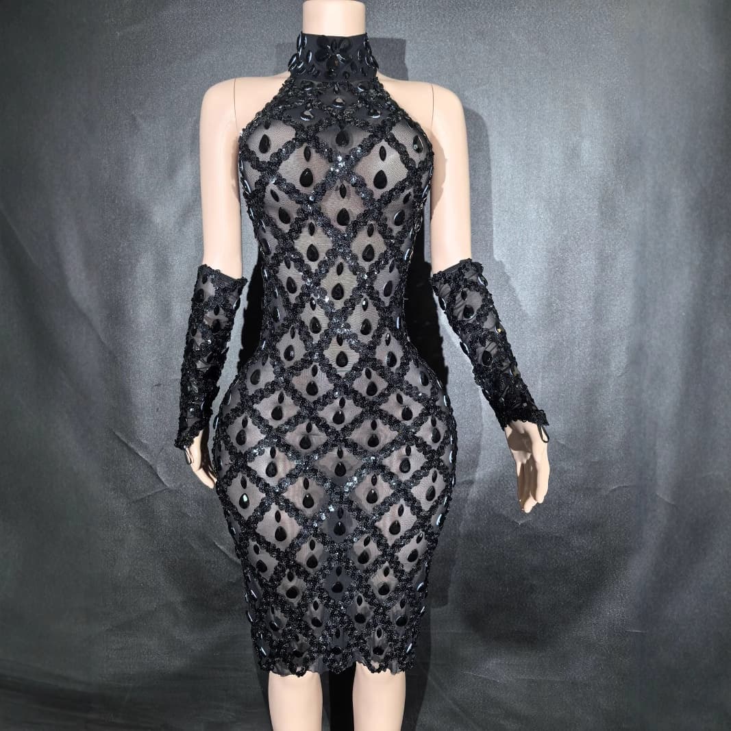 In Stock Sparkling Rhinestone High Neck Sleeveless Sexy Mesh See-Through Grid Evening Party Dress Hollow Out Nightclub
