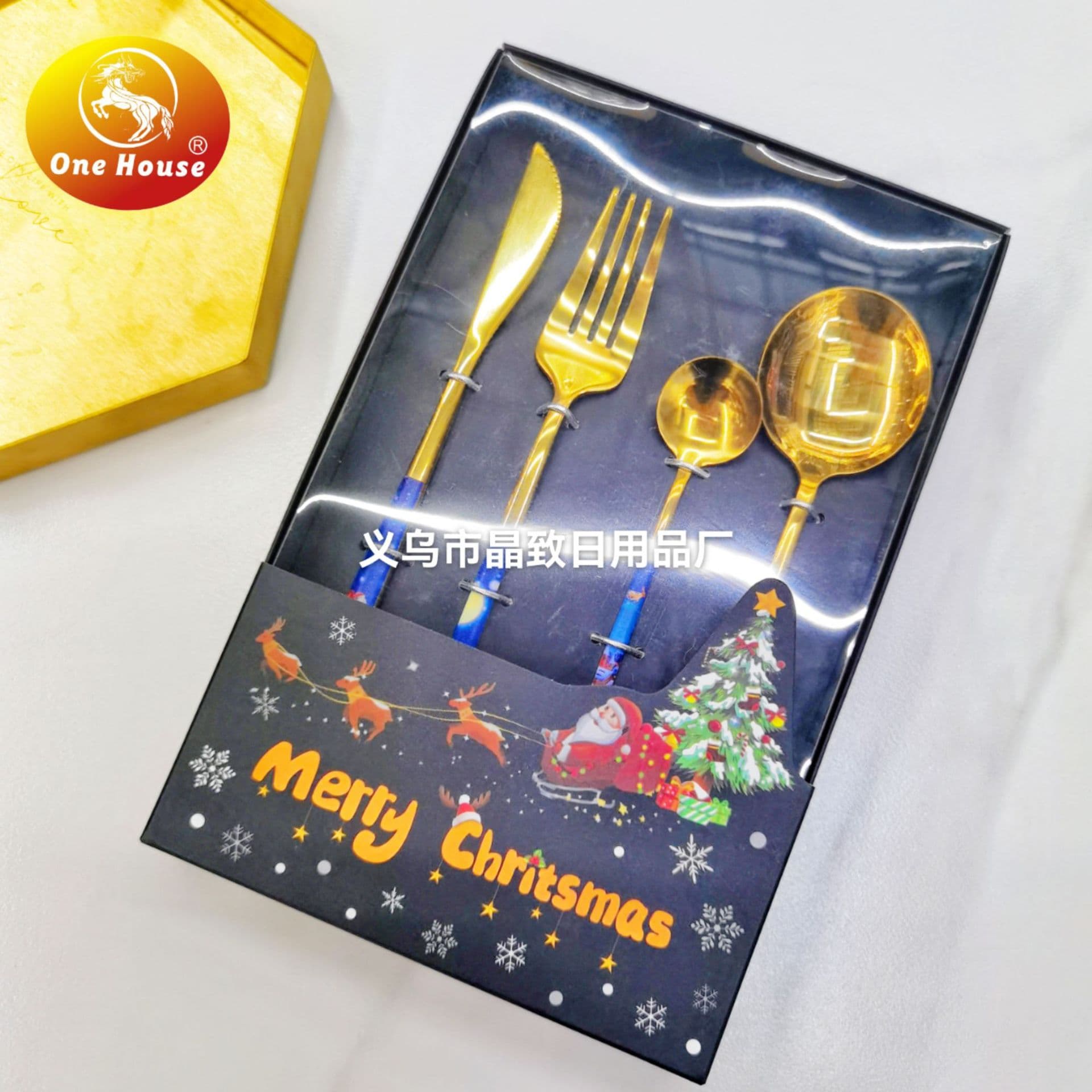 Jingzhi Premium 410 Stainless Steel Knife Fork Spoon Cutlery Set Creative Portuguese Christmas Style 4pcs Black Color Box Set