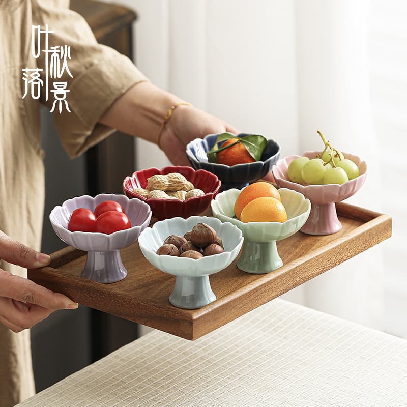 Small Size Ceramic High Leg Fruit Tray Tea Snack Plate Chinese Style Dim Sum Dish Hot Pot Plate Dry Fruit Snack Plate High Stand