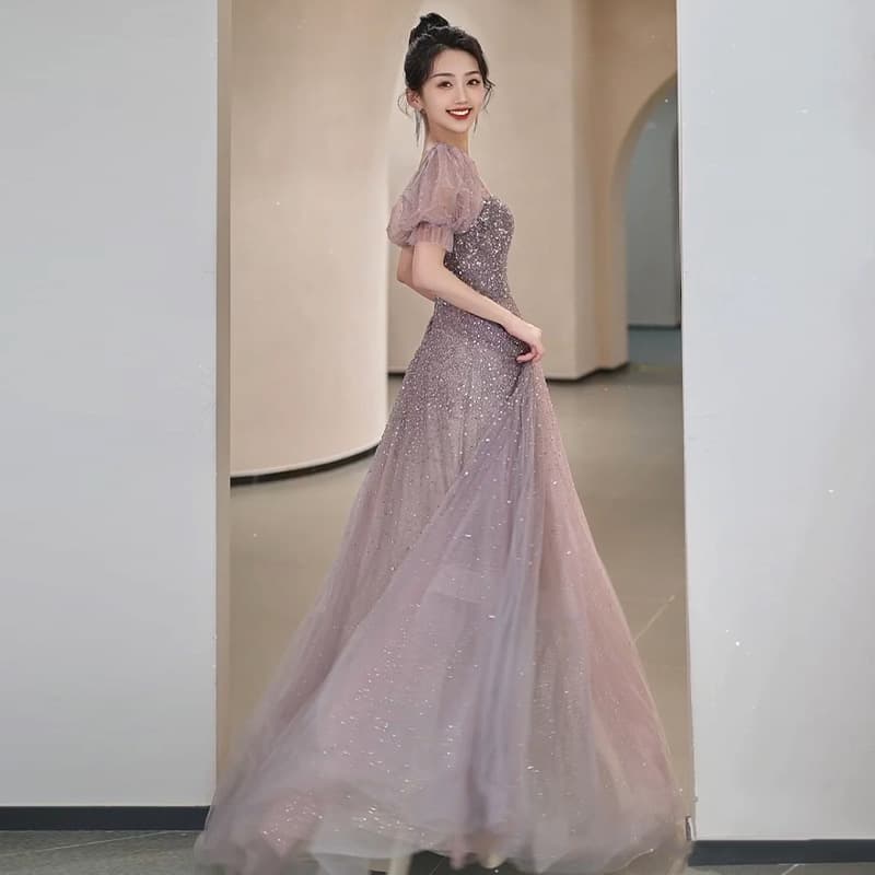 2026 New Pink Tulle Sequin Evening Gown for Banquet, Princess Style, Vocal Music Art Exam Evening Dress