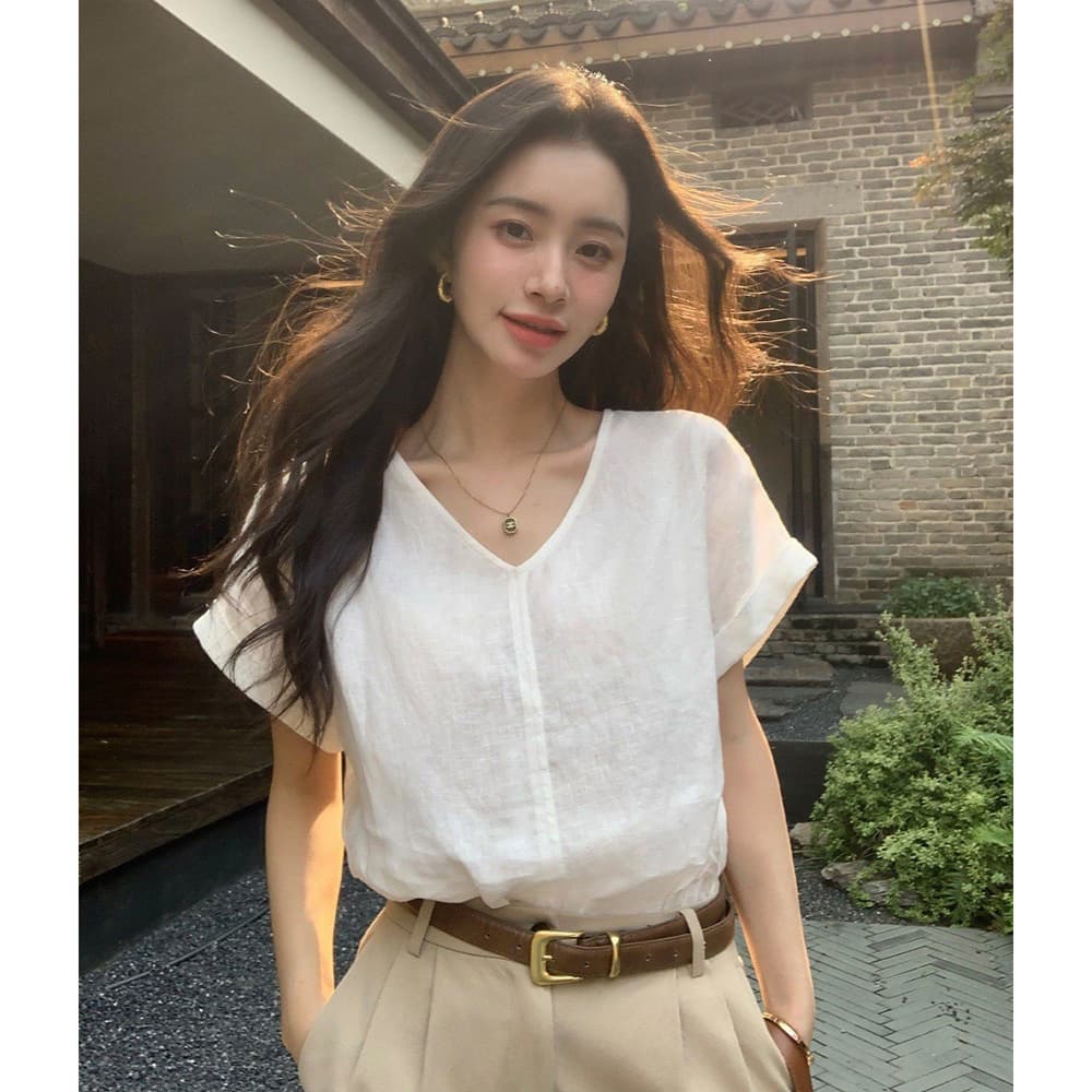 Pusumed Lightweight Linen-Like 100% Linen Hemmed Sleeve Blouse for Women, Minimalist V-Neck Top, Loose Short Sleeve Shirt
