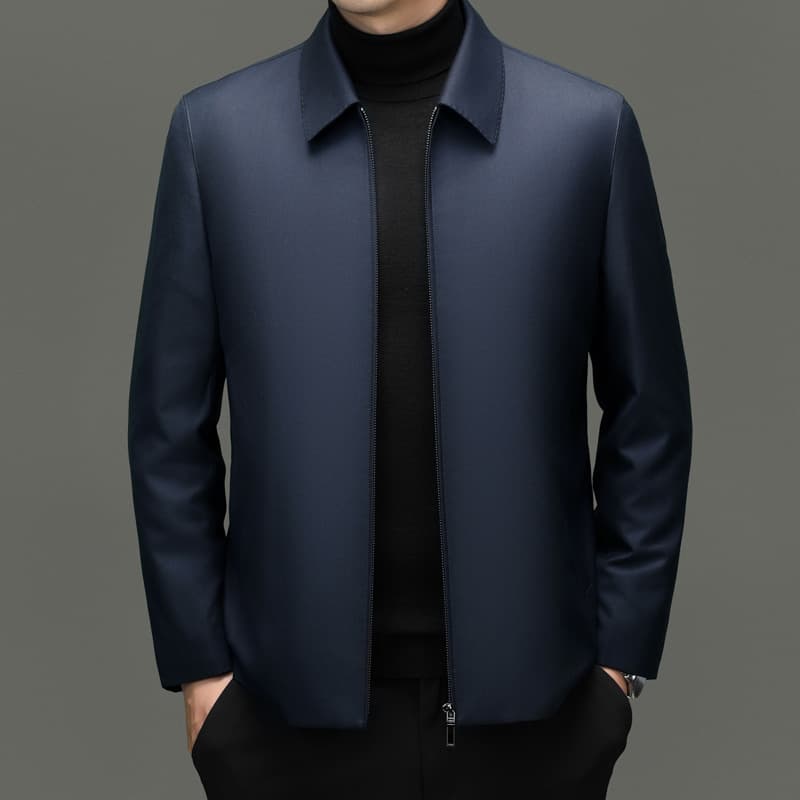 Men's Autumn/Winter Fine Wool and Mulberry Silk Executive Jacket, Middle-Aged Warm Goose Down Detachable Liner Coat