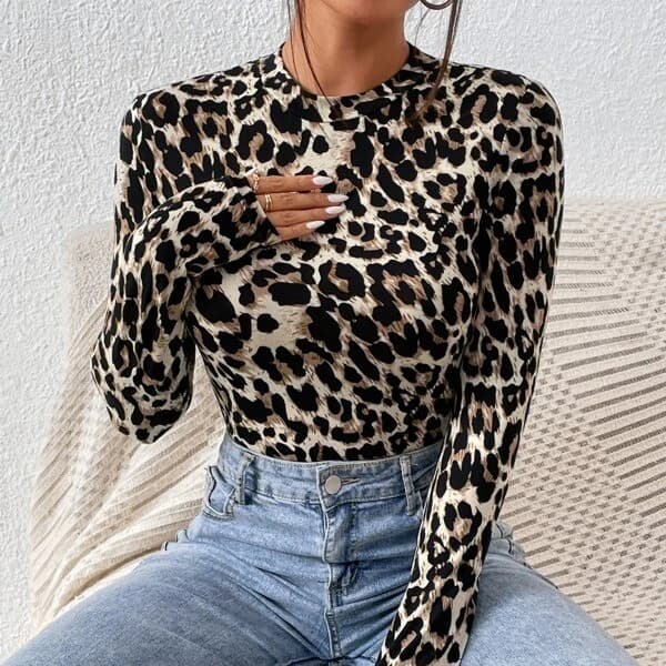 Fashionable Leopard Print Long Sleeve Women's Jumpsuit Spicy Girl Style Stand Collar Clothing Cross-border Eu-us Size
