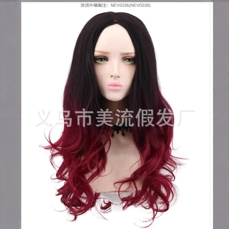 Halloween black and red curly wig, fluffy big waves, lifelike bangs, pear blossom head, temperament, face-slimming, long curly hair