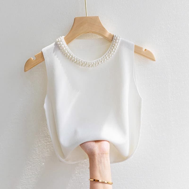 Curved Bead Camisole Women's Sleeveless Bottoming Shirt Spring and Autumn Style with Suit Beading Small Fragrance Style Knitted Sweater Top
