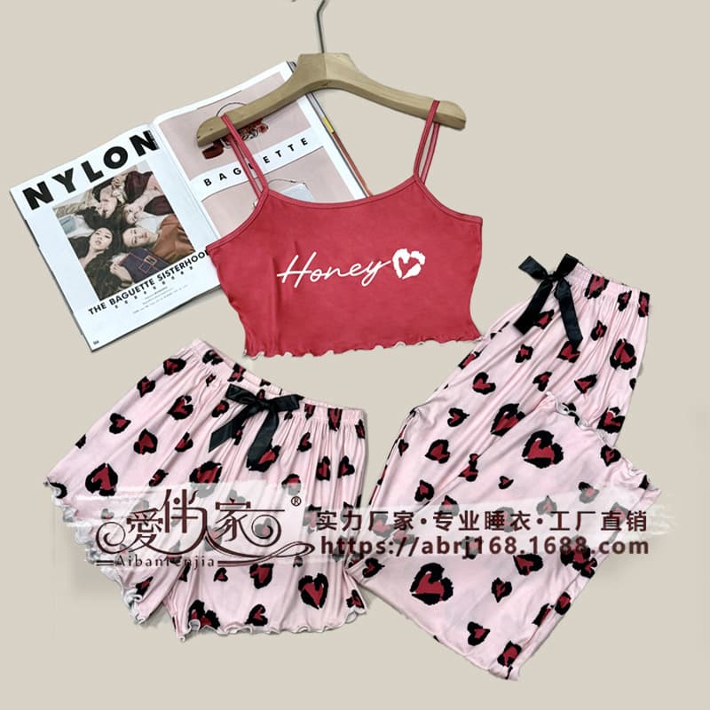 Girls' Loungewear 3-Piece Set: Camisole, Shorts, and Pants, Summer Sexy Pajamas for Cross-Border Export to Southeast Asia, Europe, and America