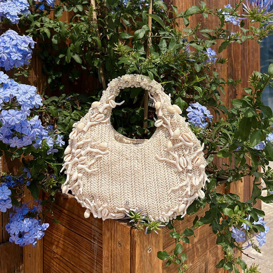 Elegant Shell Coral Straw Woven Handbag Handmade Woven Bag Vacation Style Gentle Fresh Casual Bag