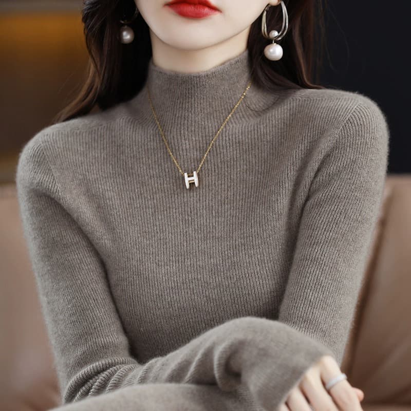 Germany Yangzi Yarn Island Fine Seamless 100% Wool Semi-Turtleneck Base Top, Premium Feel Long Sleeve Wool Sweater Plus Size