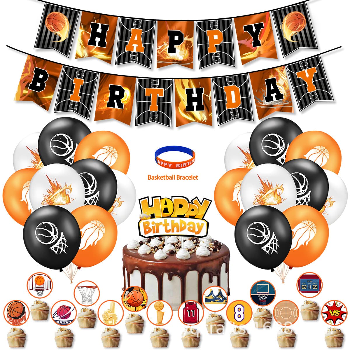 Basketball Theme Birthday Party Decorations NBA Boys Birthday Banner Cake Toppers Latex Balloon Set