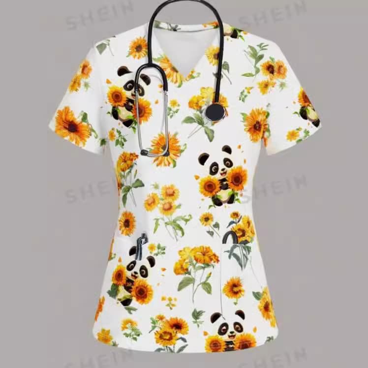 SHEIN TaskFit Cute Large Floral Stretch Matte Functional Patch Pocket V-Neck Caregiver Uniform Health Workwear