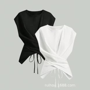 Cross-border 2026 New Cross Twist Small Flutter Sleeve T-Shirt Women Slim Fit Solid Black and White Two Colors Sleeveless