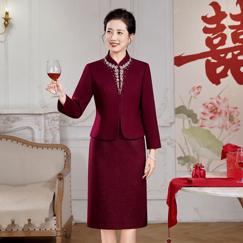 Mother's Wedding Dress: High-end Imported Wool Dress with Beaded Finish, Two-Piece Autumn/Winter Set