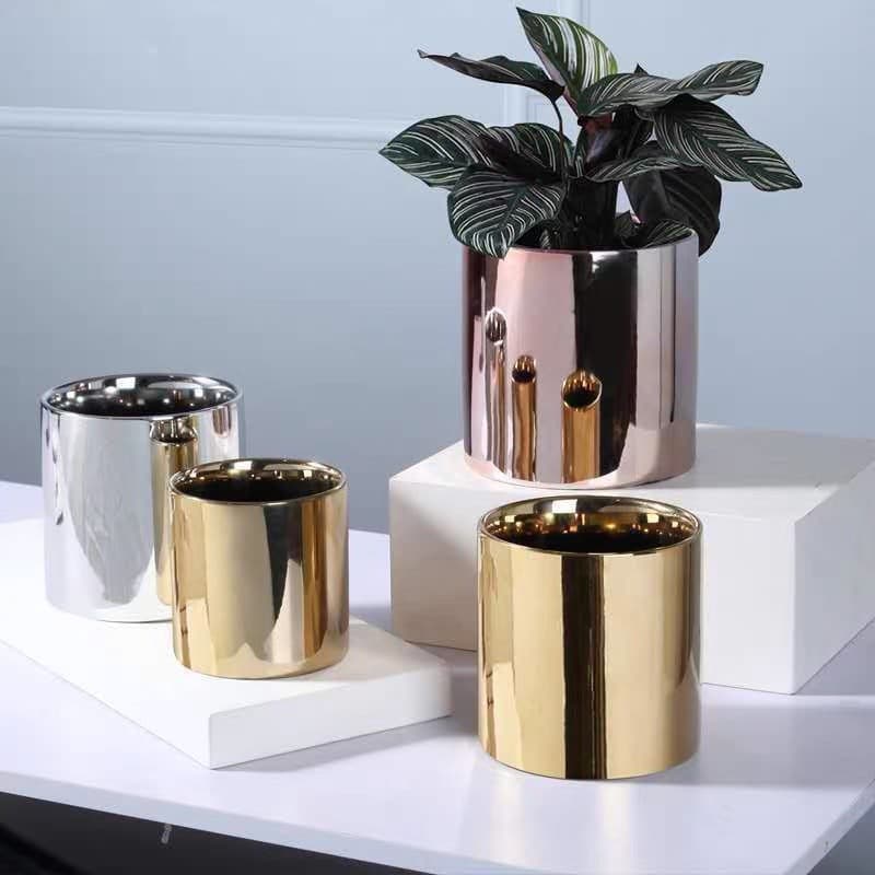 Ceramic Flower Pot Electroplated Vase Popular Straight Cylindrical Golden Round Simple Metal Light Luxury Flower Arrangement Plastic Nordic Style