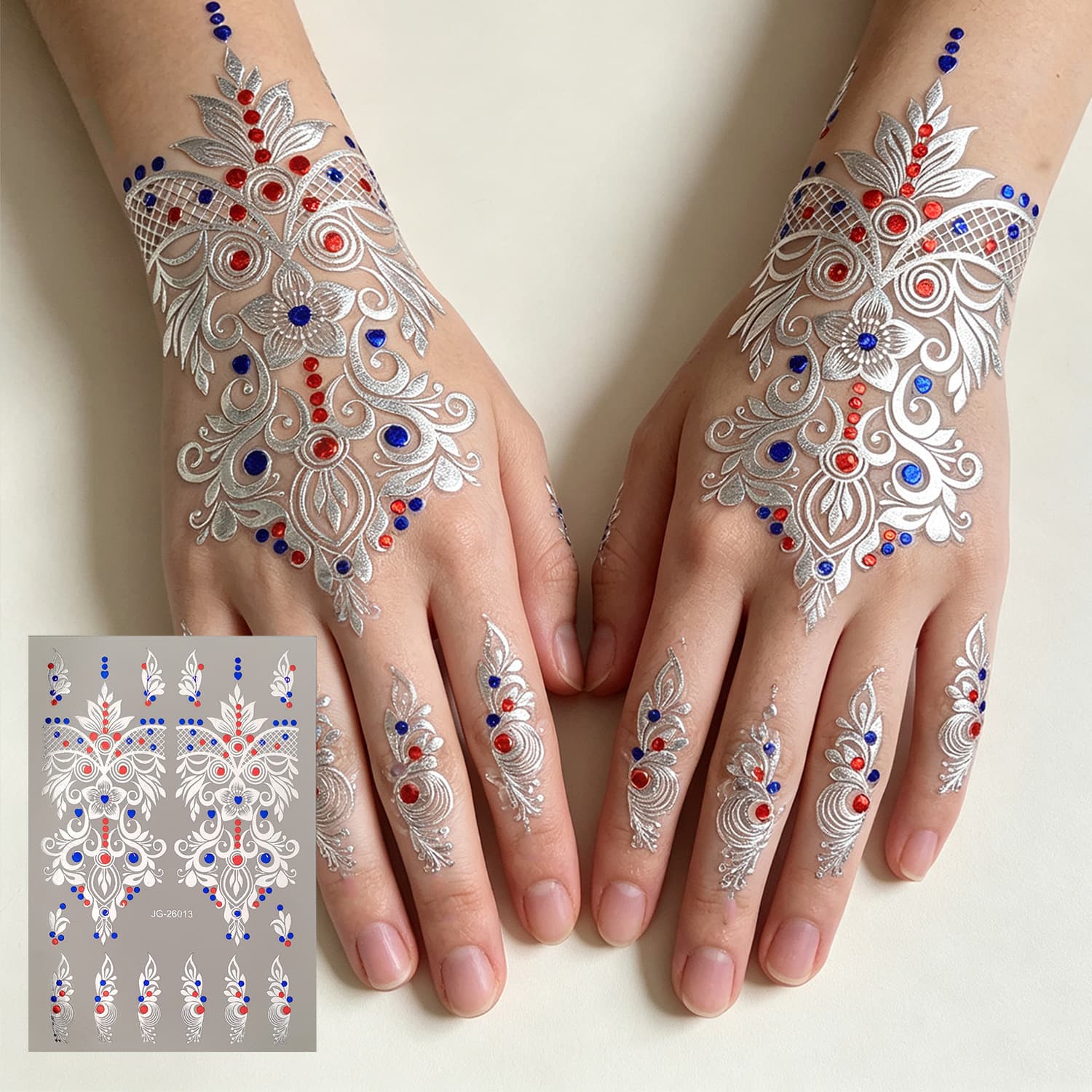 Silver Glitter Diamond Henna Tattoo Sticker Bridal Wedding Hand Waterproof Long-lasting Party Lace Glitter Painted Tattoo Sticker