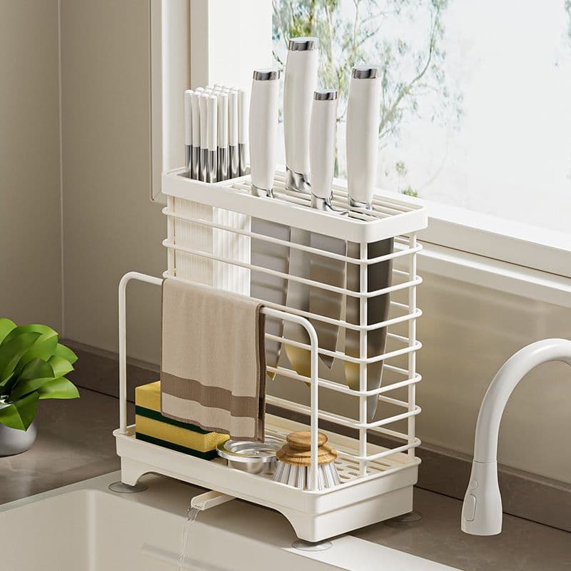 New Wall-Mounted Kitchen Storage Rack with Knife Holder, Chopstick Container, and Cutting Board Integration for Knife and Utensil Organization