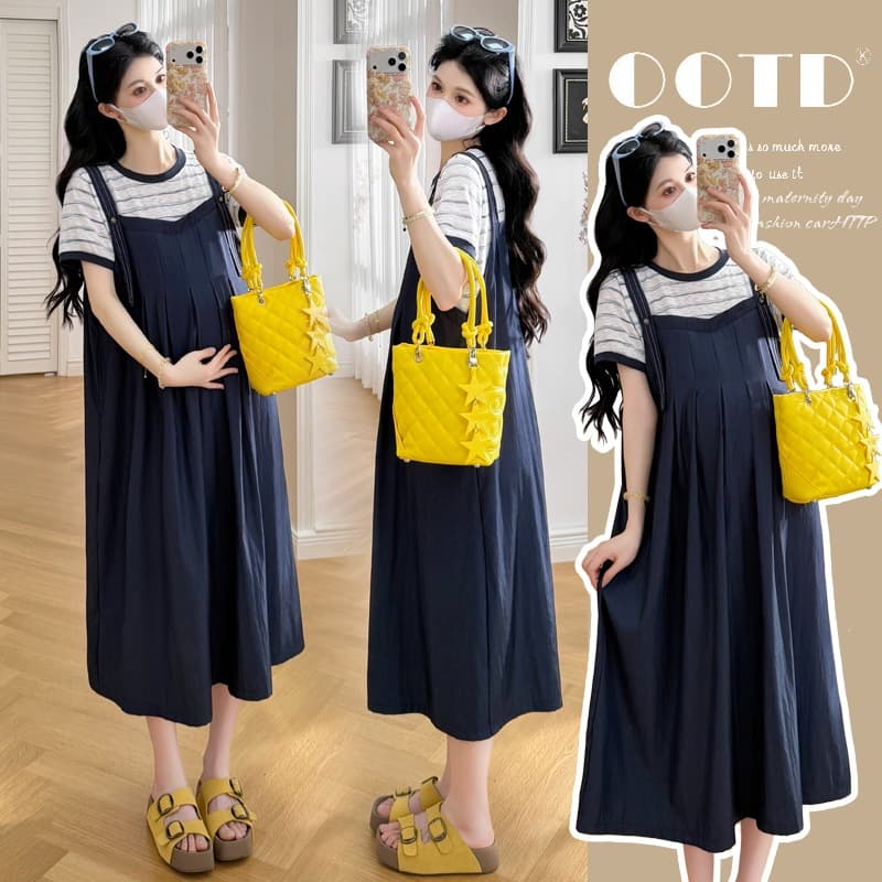 2026 Summer Maternity Dress Fashion Patchwork Faux Two-Piece Short Sleeve Dress New Korean Style Lazy Simple Maternity Dress