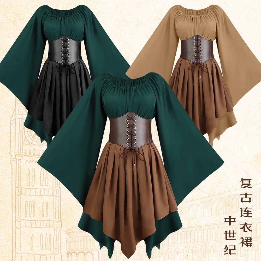 Three-color medieval dress cosplay, retro European and American style skirt, retro medieval fishbone girdle dress