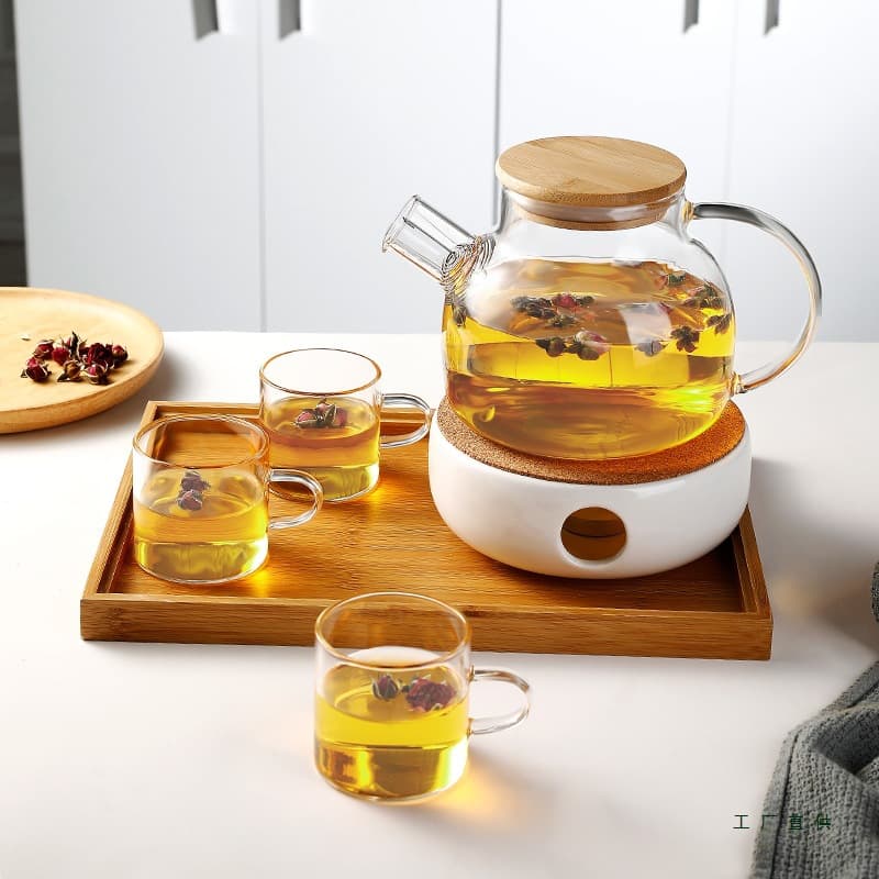 Heat-resistant glass flower teapot with candle heating base and candlestick, luxury afternoon tea set with fruit teapot and cups