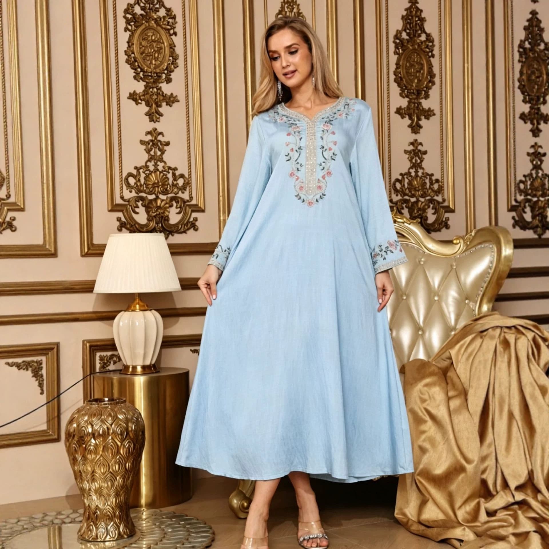 Bohemian Sky Blue V-Neck Long Sleeve Dress with Floral Embroidery, Vacation Style Dress