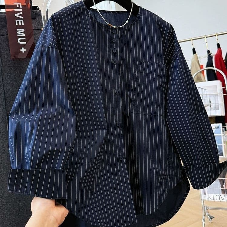 Navy Striped Round Neck Long Sleeve Shirt for Women, Korean Style Simple Elegant Blouse, Loose Casual Fall Top