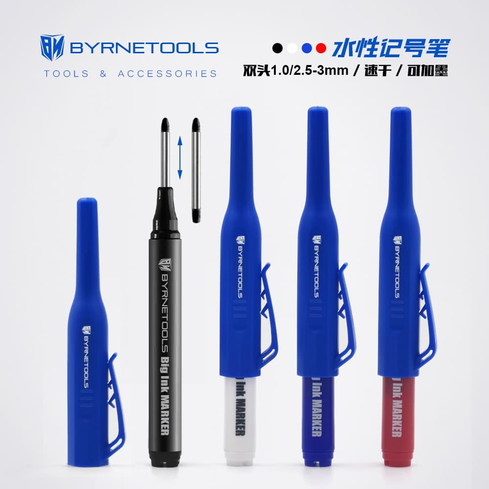 BYRNE Tools Water-Based Marker Pen, Construction Woodworking Masonry Marking, Deep Hole Fine Tip, Dual-Tip Switching, Ink Marking Pen