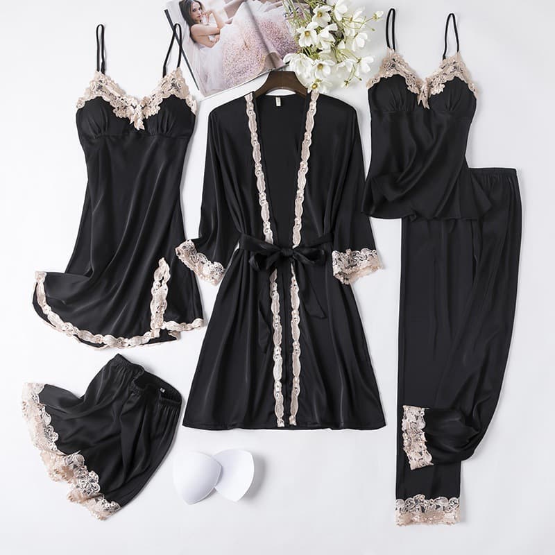 Women's 2024 Spring/Summer Ice Silk Robe & Pajama 5-Piece Set, Wearable Outside, Long Sleeve Loungewear, Elegant & Casual