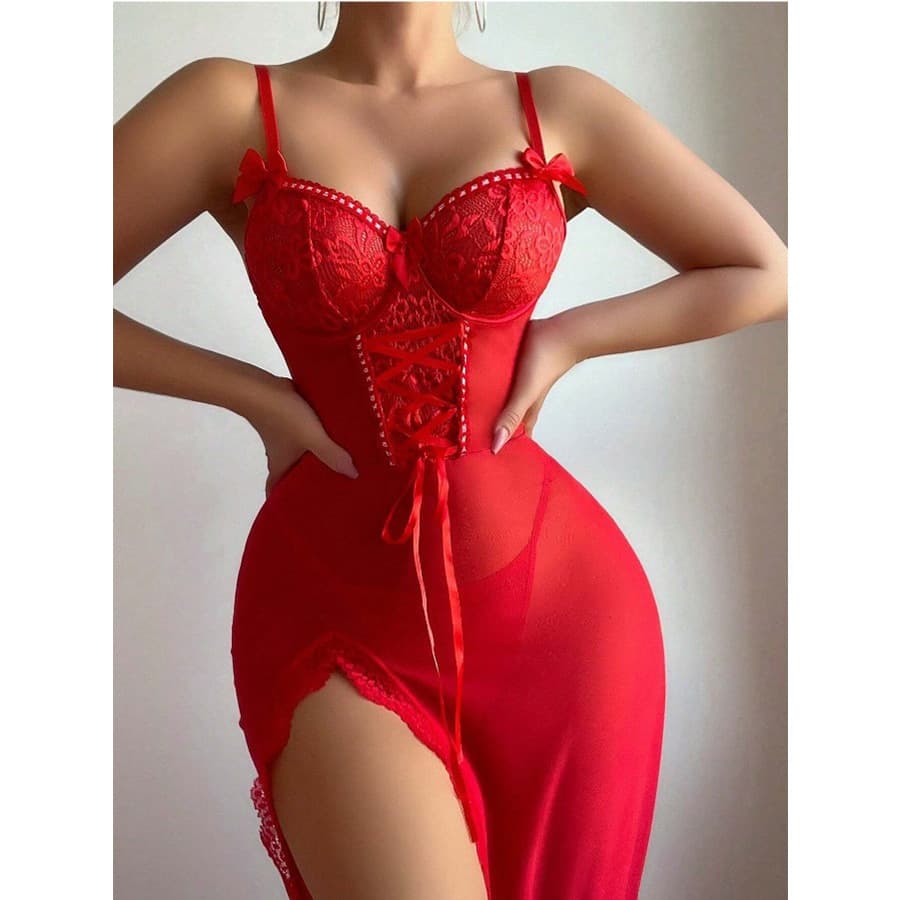 Cross-border products foreign trade lace hollow sexy lingerie home suspenders mesh long skirt cheongsam side open set